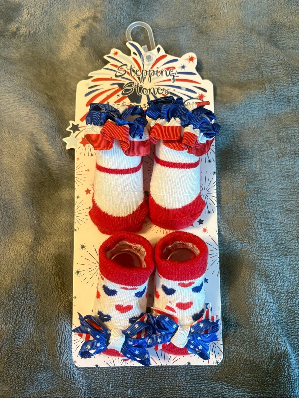 Stepping Stones Baby Girls Red, White & Blue 2 Pair Trim Sock Set Size 0-12M